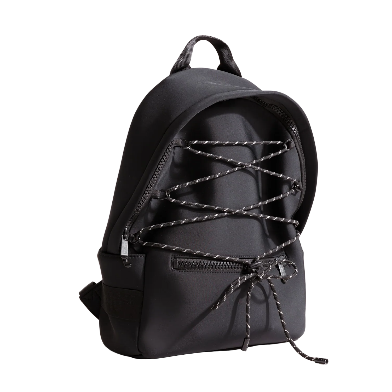 Black backpack with decorative strings on a white background