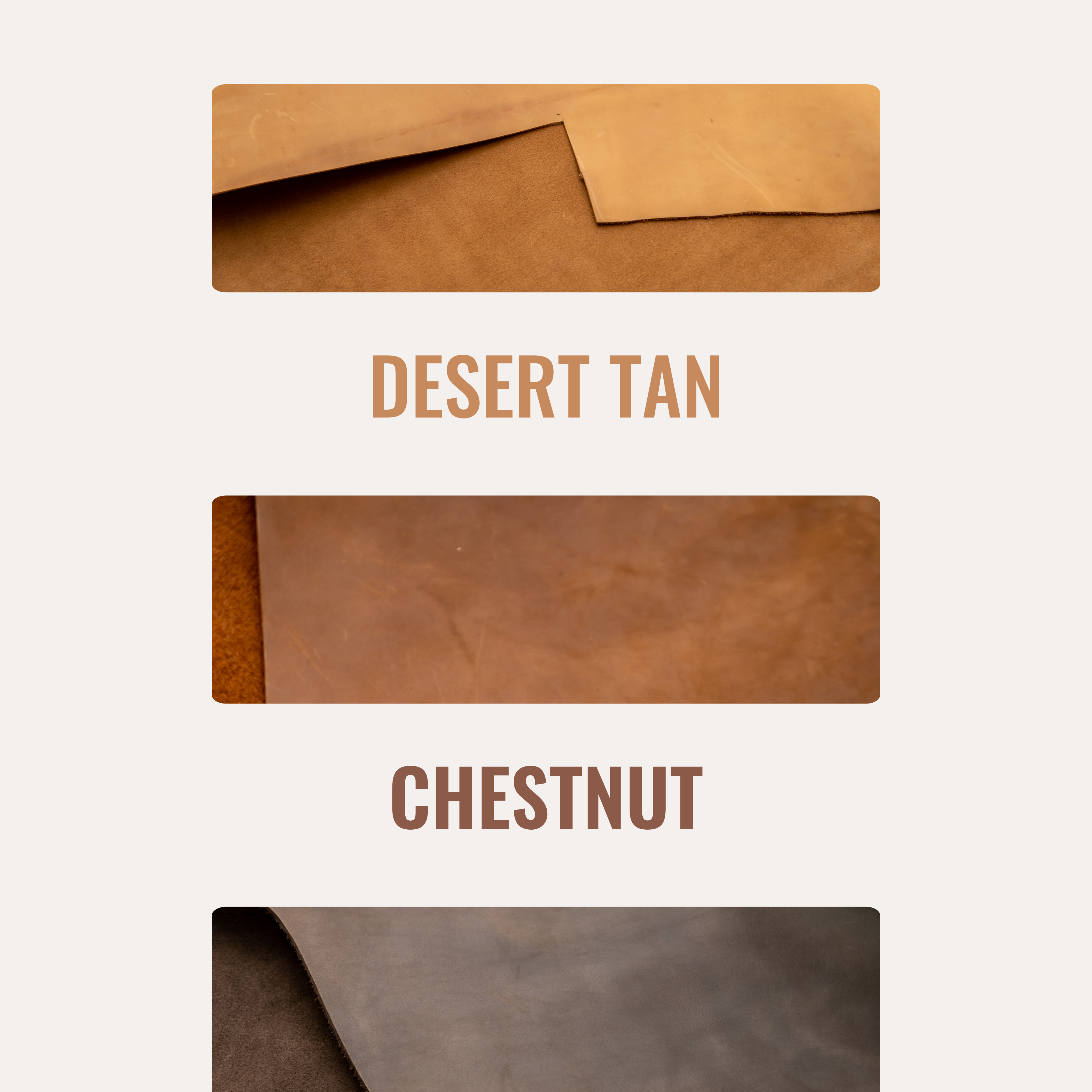 Leather color options displayed with 'Desert Tan', 'Chestnut', and 'Espresso' labels on a beige background.