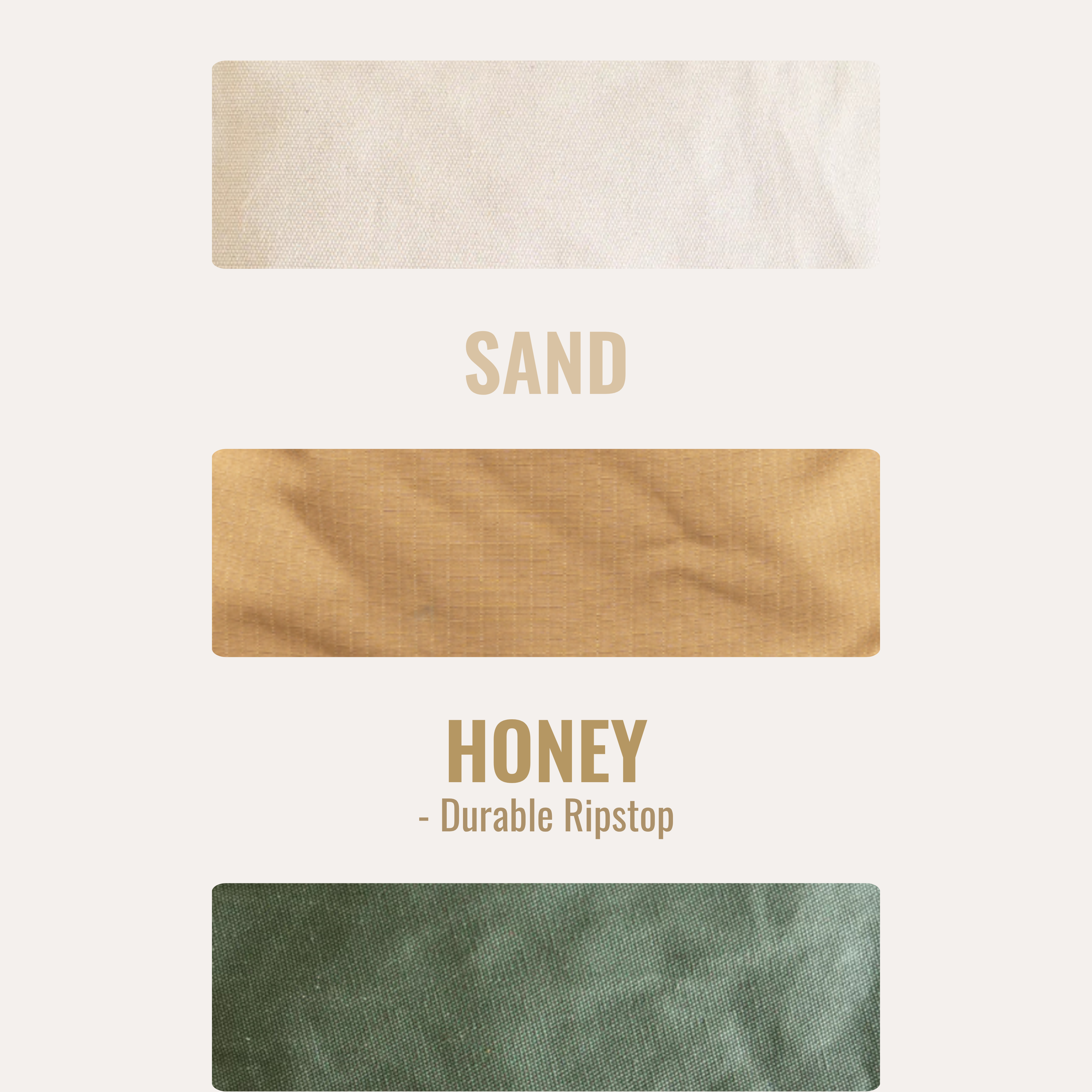 Canvas color options displayed with 'Sand', 'Honey', and 'Olive' labels on a beige background.