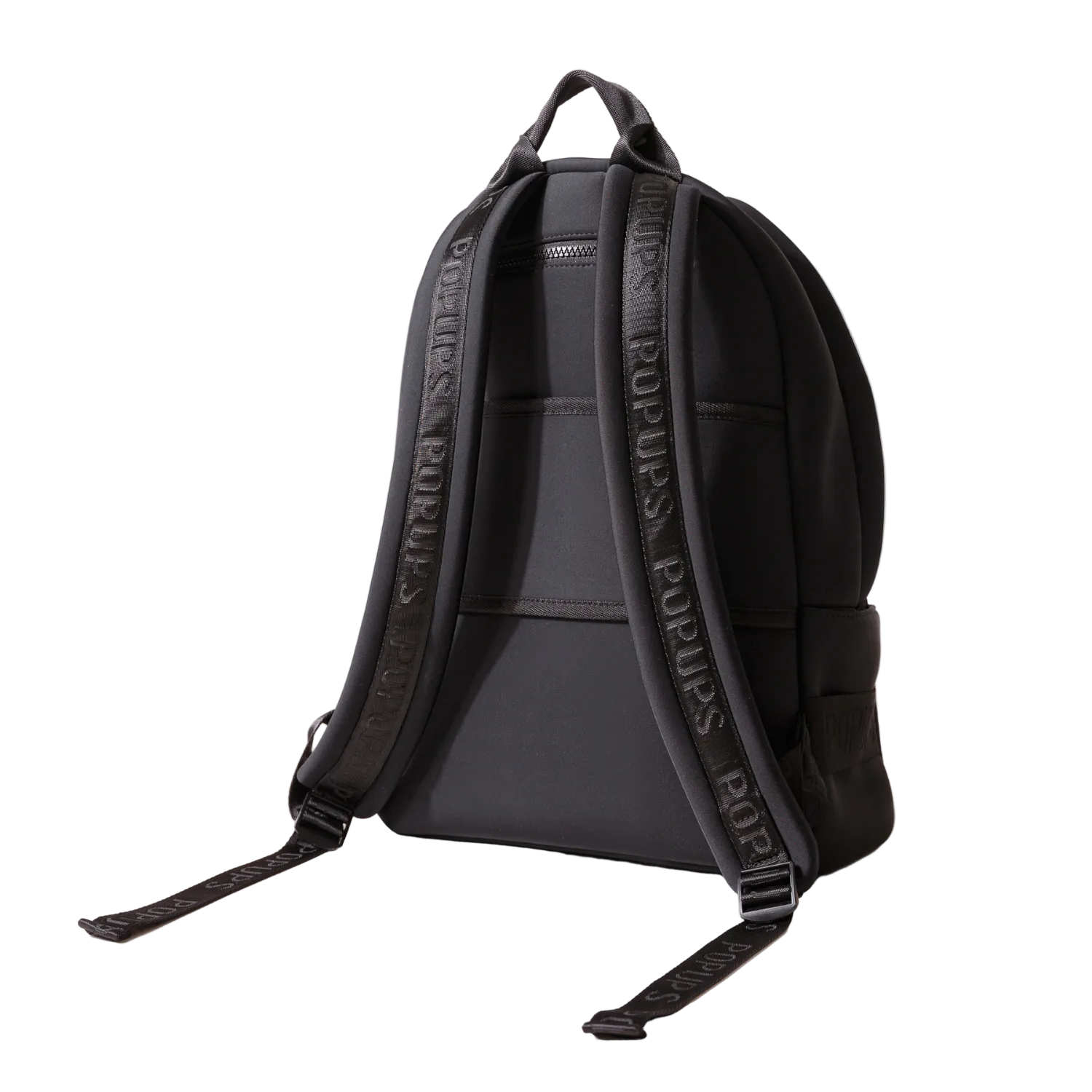 Black backpack with visible branding on a white background