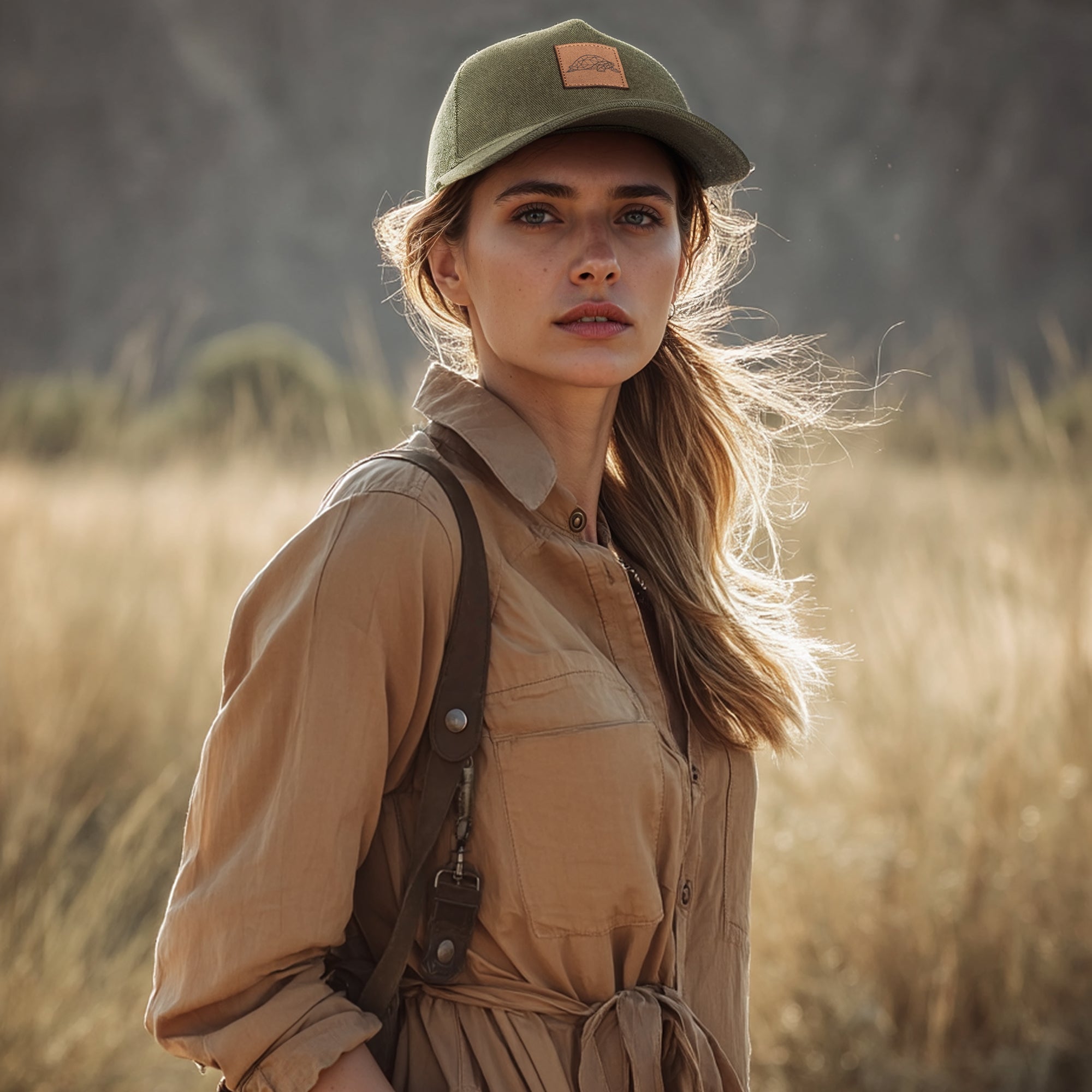Woman in a beige dress and green cap standing in a field with mountains in the background