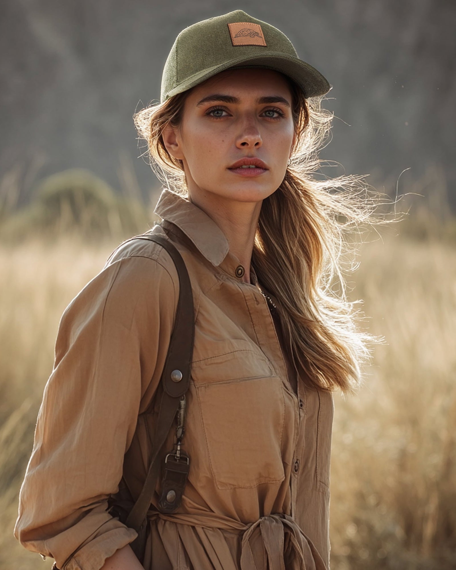 Woman in a beige dress and green cap standing in a field with mountains in the background