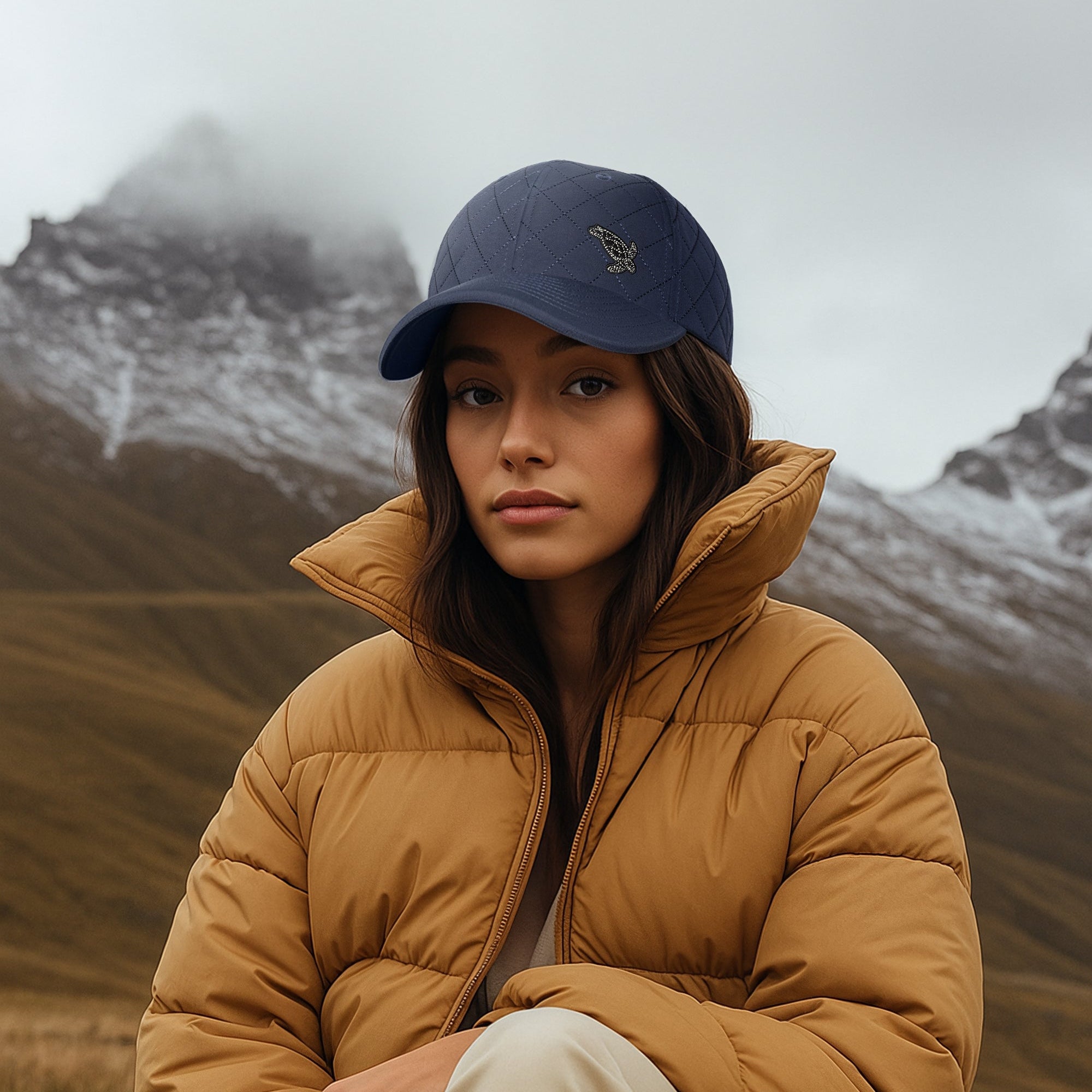 Person wearing a mustard yellow puffer jacket and blue cap in a mountainous landscape