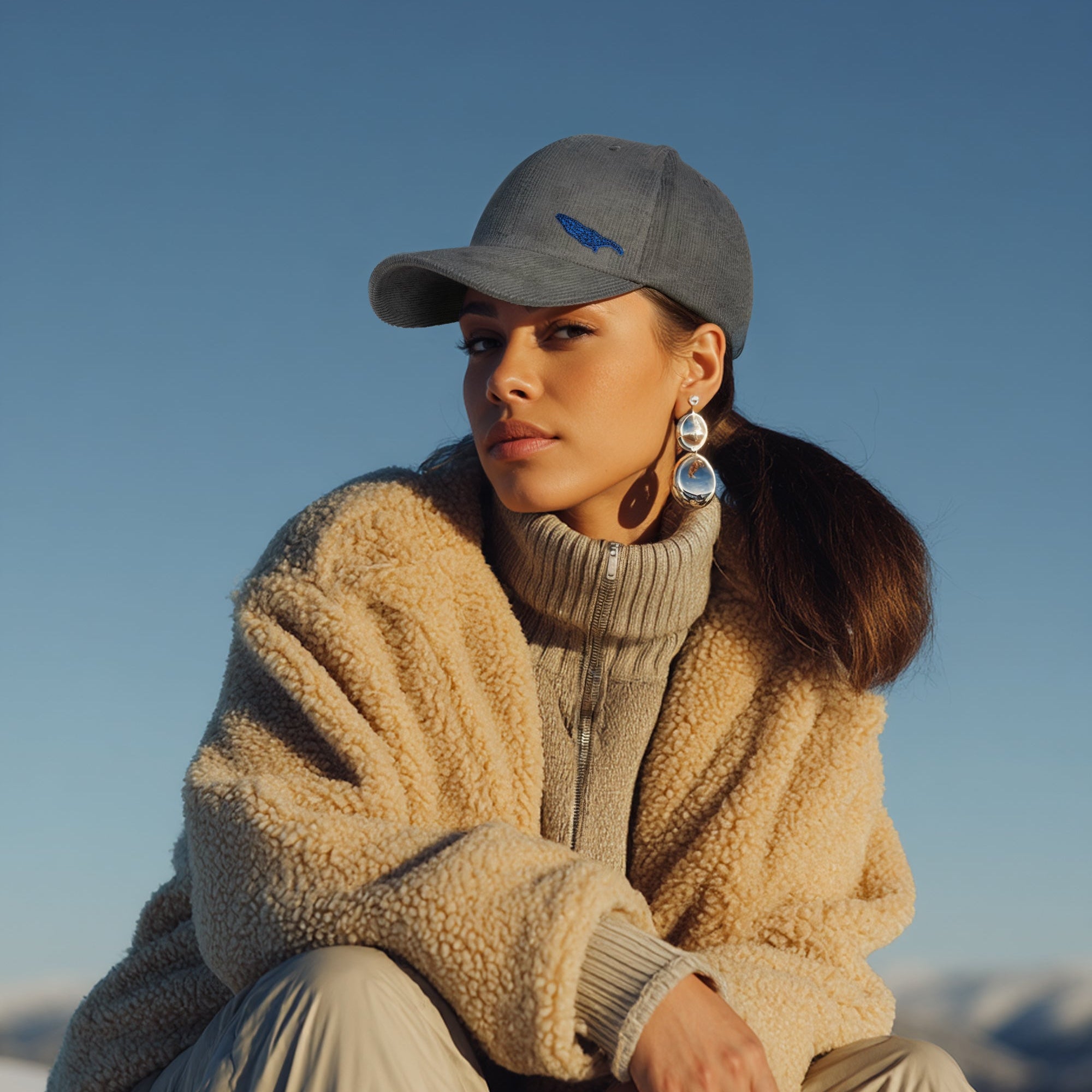 Person wearing a beige sweater and gray cap with a blue logo, sitting against a clear blue sky.