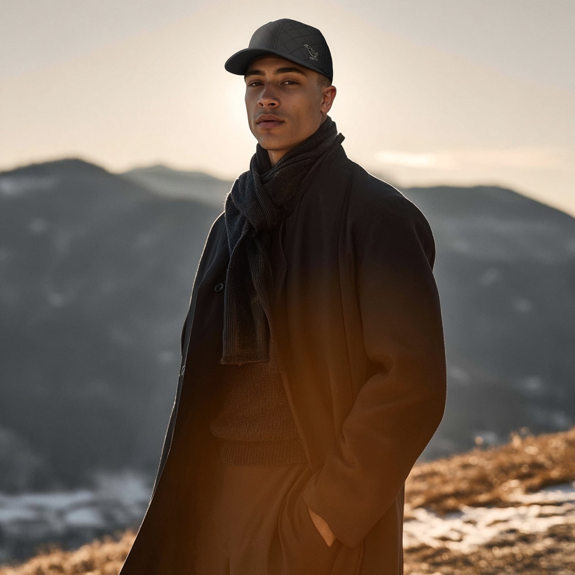 Man wearing a coat and cap standing in a mountainous landscape