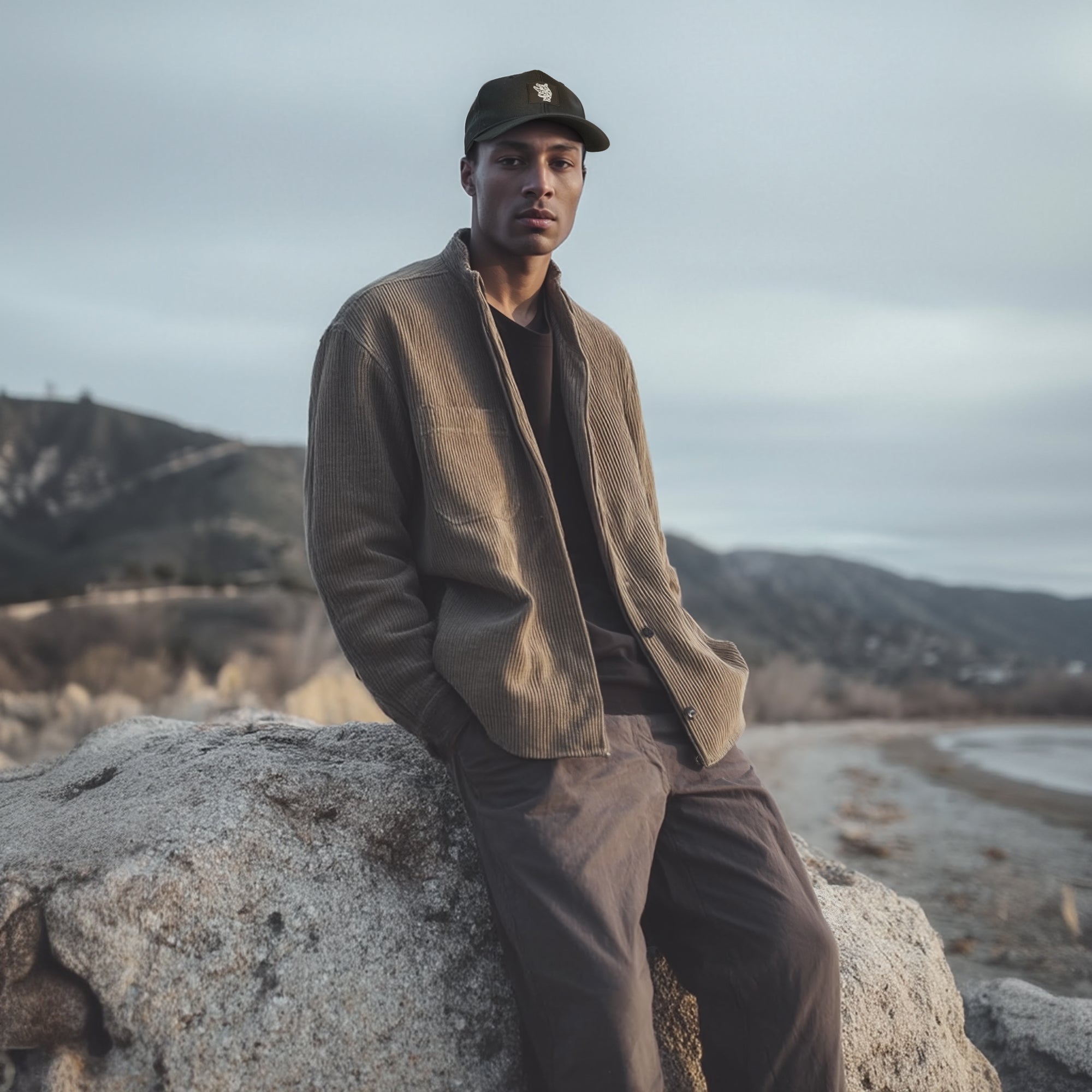 Man sitting on a rock with mountains in the background