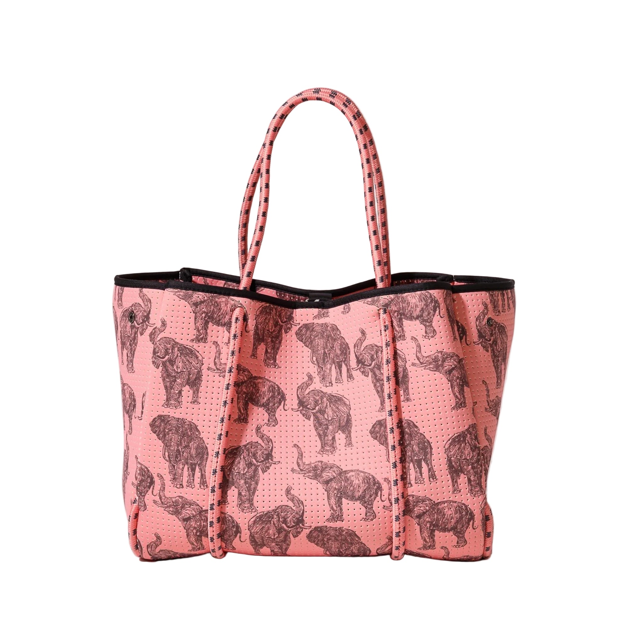 Pink tote bag with elephant pattern on a white background