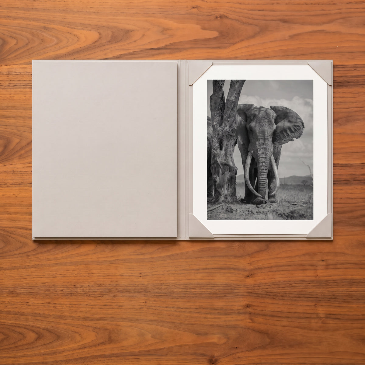 Studio Edition folio open to a black-and-white print of Irima 2, a tusked elephant beside a tree