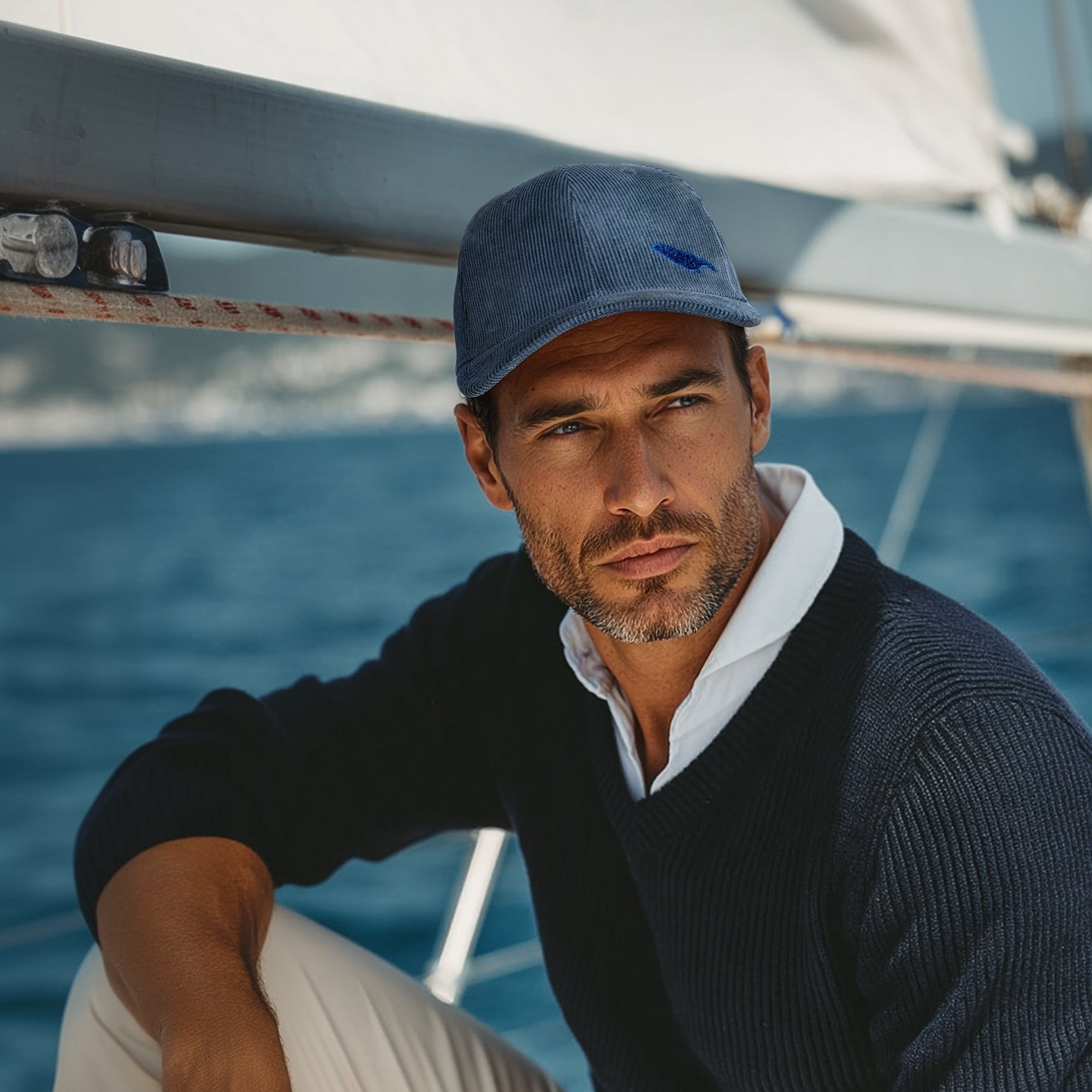 Man wearing a navy sweater and blue cap on a sailboat
