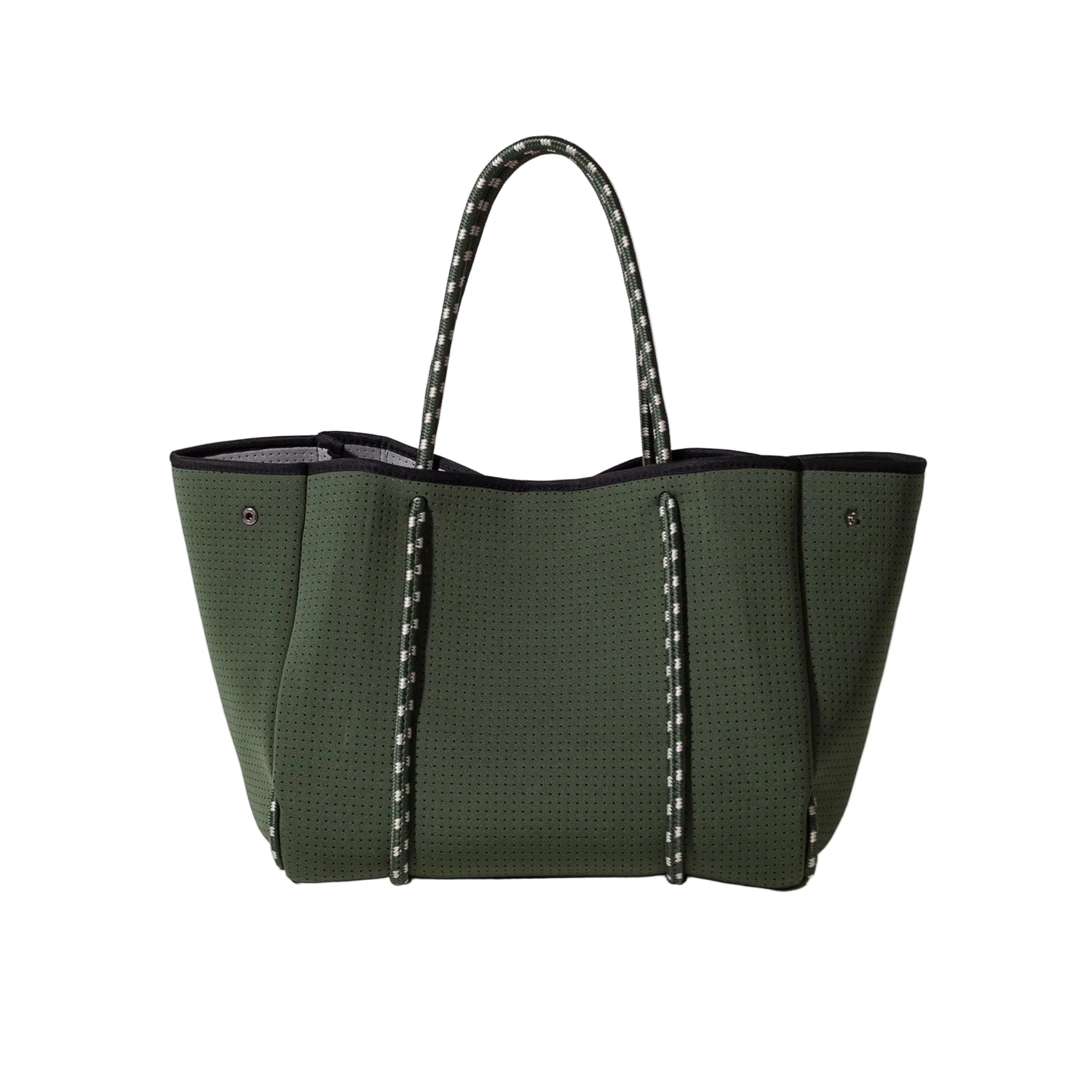 Green handbag with black accents on a white background
