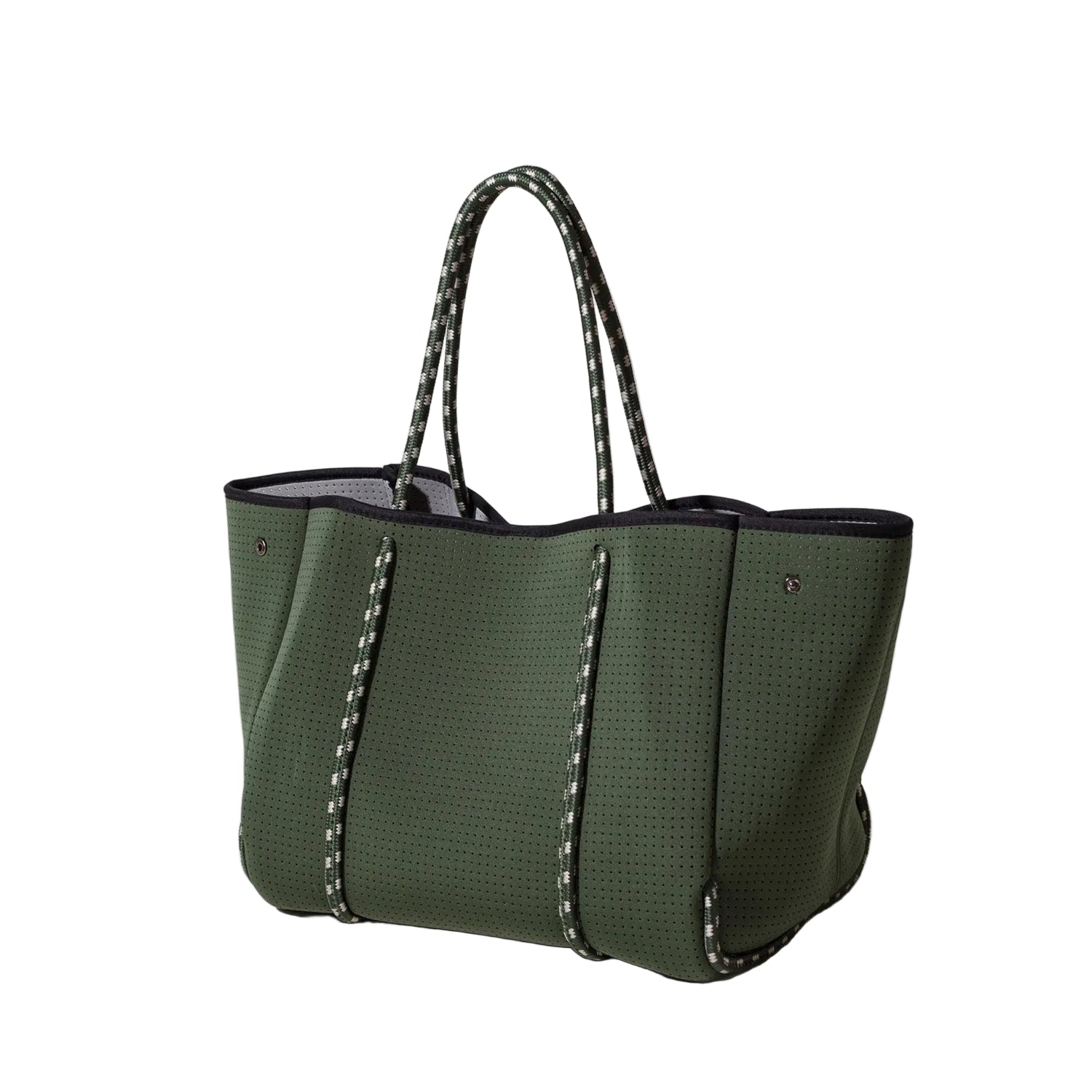 Green handbag with black interior on a white background