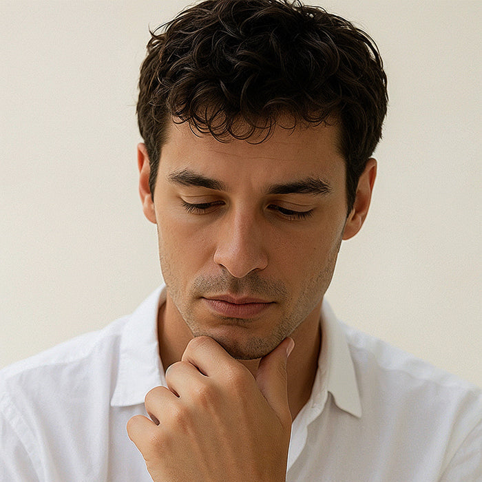Man wearing a white shirt and a bracelet, looking thoughtful.