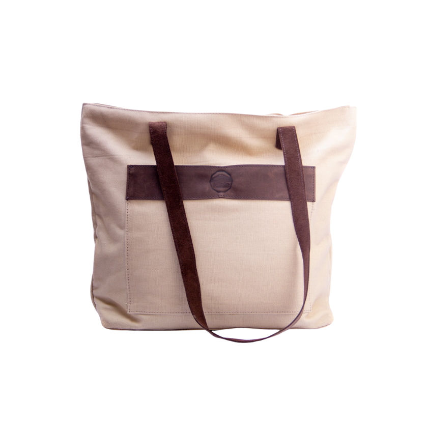 Beige tote bag with brown straps on a white background