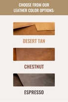 Leather color options displayed with 'Desert Tan', 'Chestnut', and 'Espresso' labels on a beige background.