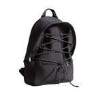 Black backpack with decorative strings on a white background