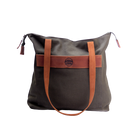 Brown tote bag with brown leather straps on a white background