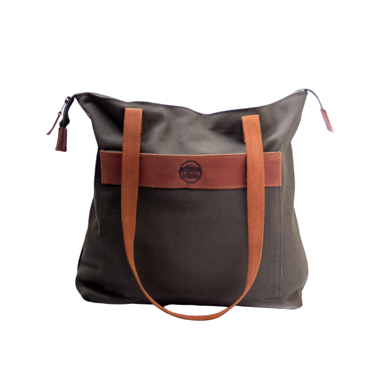 Brown tote bag with brown leather straps on a white background