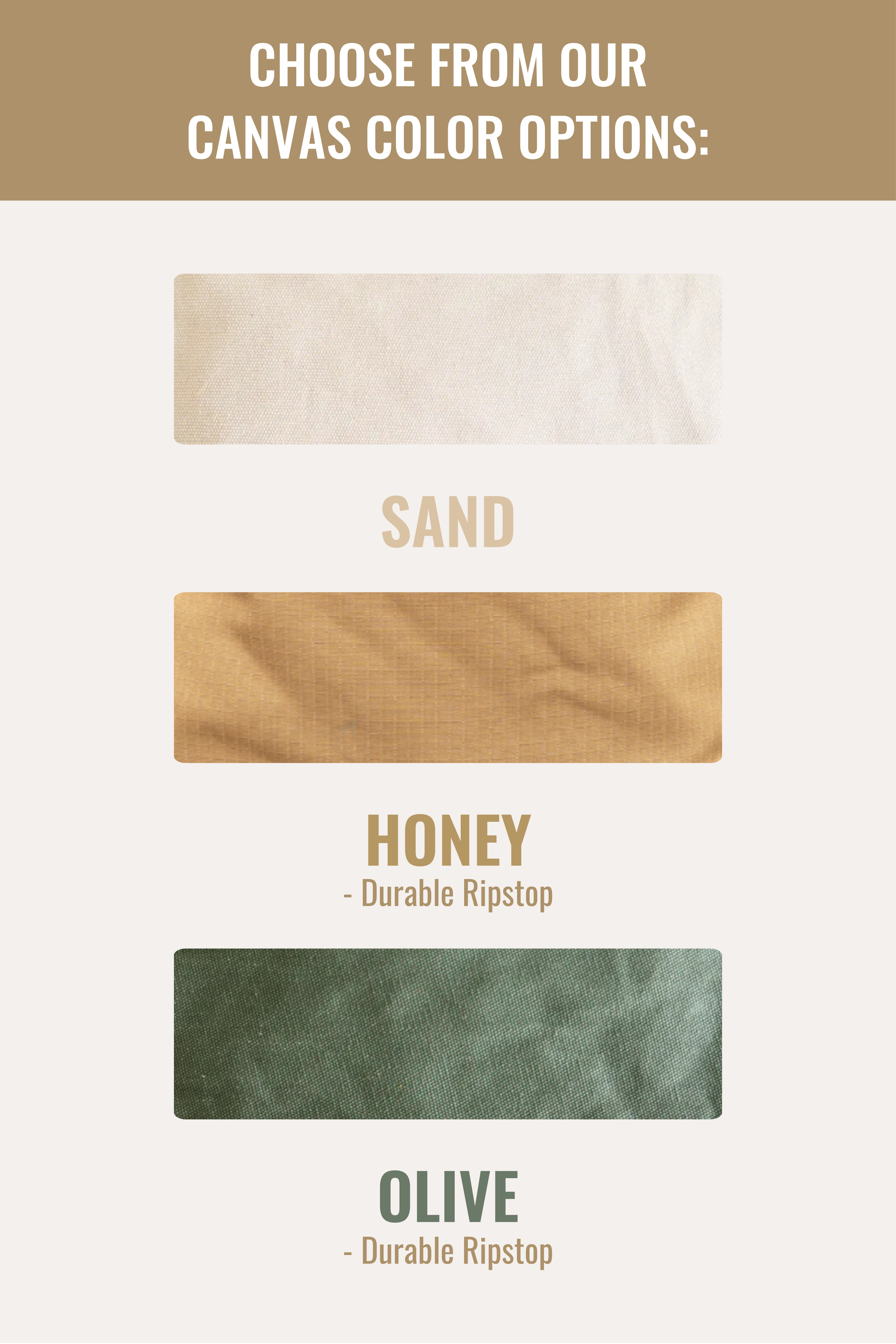 Canvas color options displayed with 'Sand', 'Honey', and 'Olive' labels on a beige background.