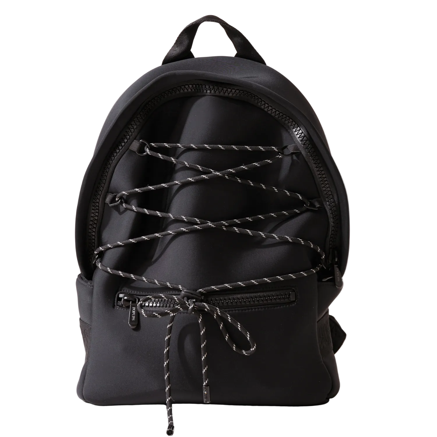 Black backpack with braided design on a white background