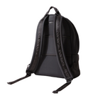 Black backpack with visible branding on a white background