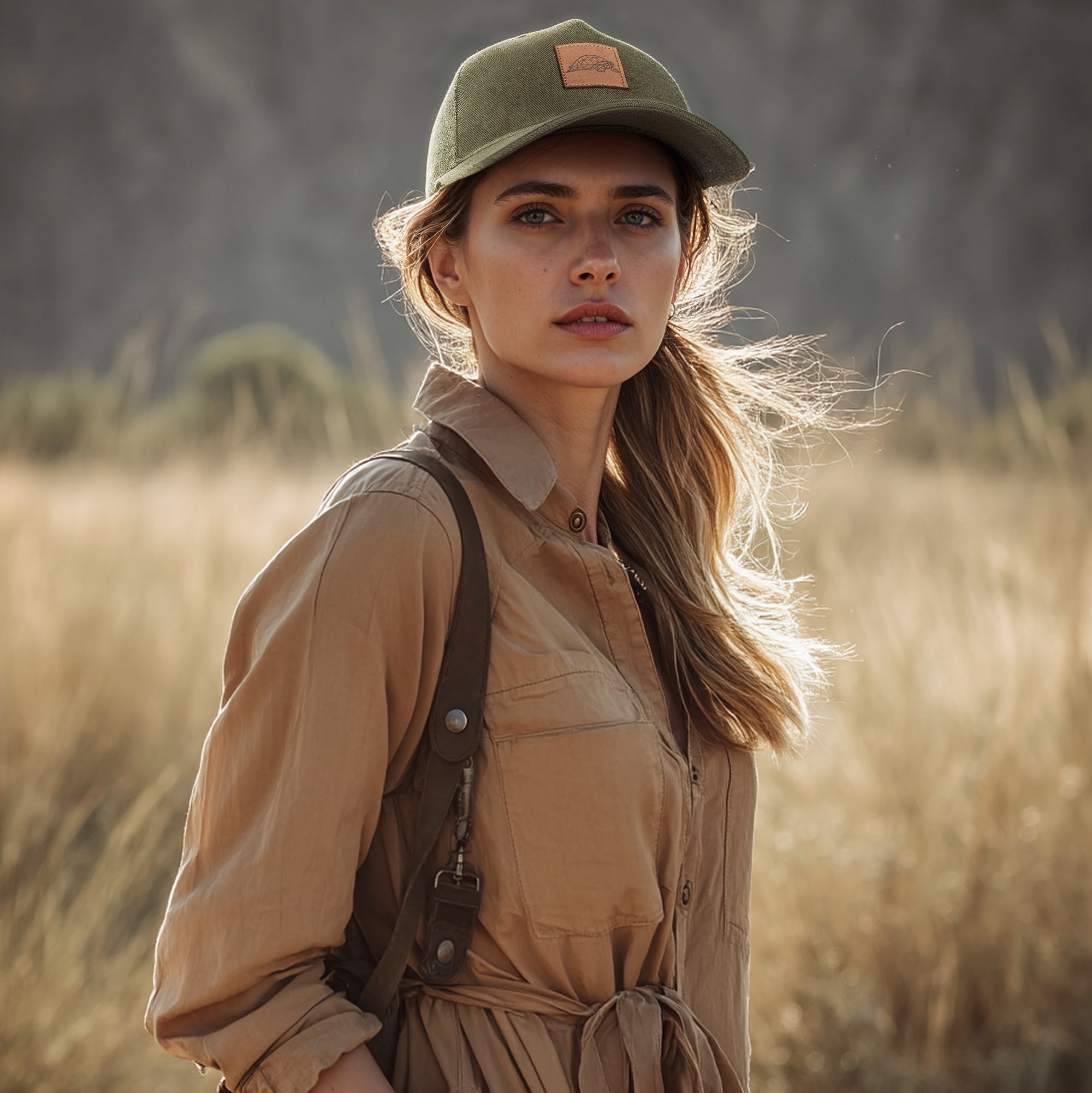 Woman in a beige dress and green cap standing in a field with mountains in the background