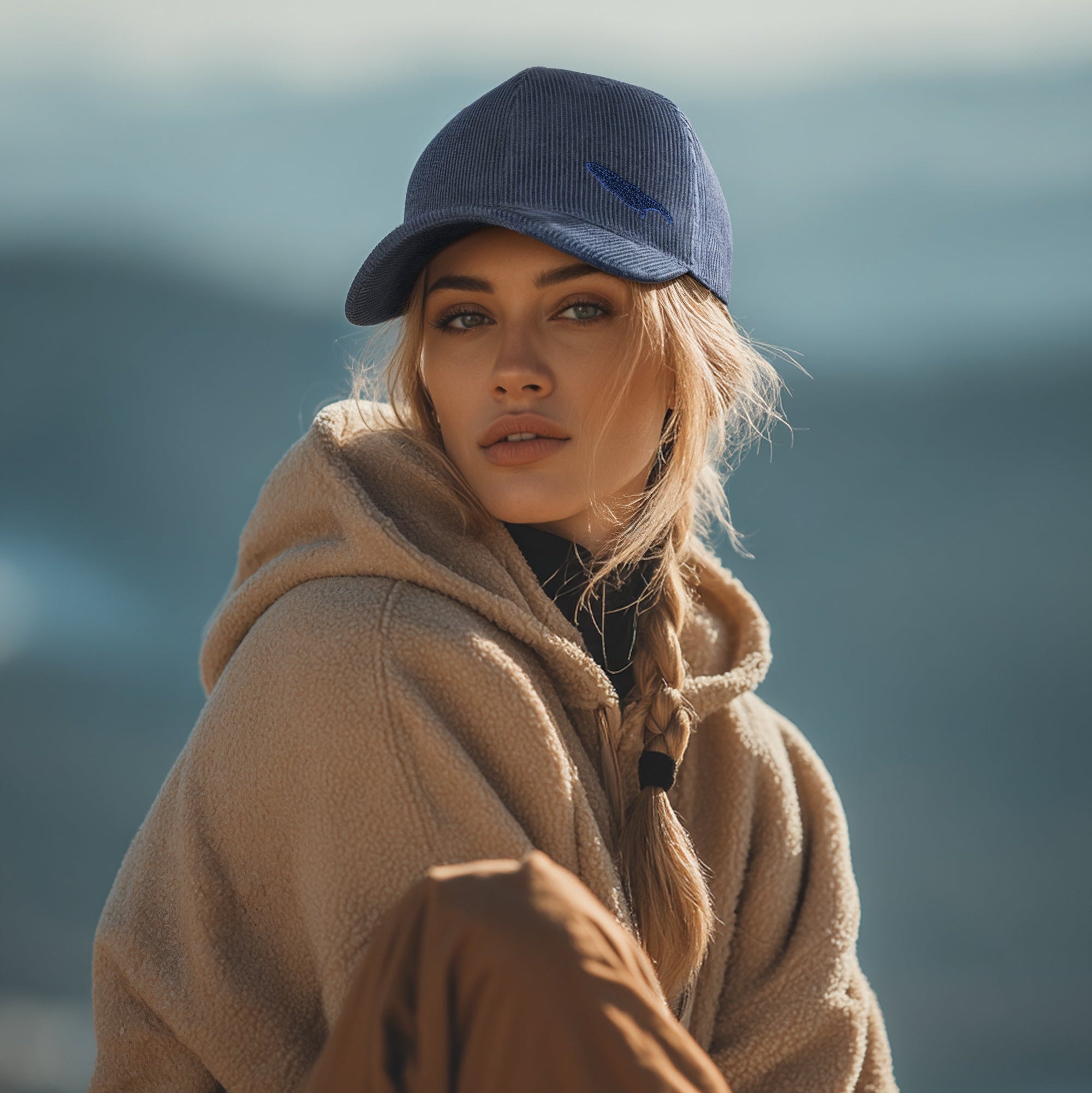 Person wearing a blue cap and beige coat outdoors with a blurred natural background