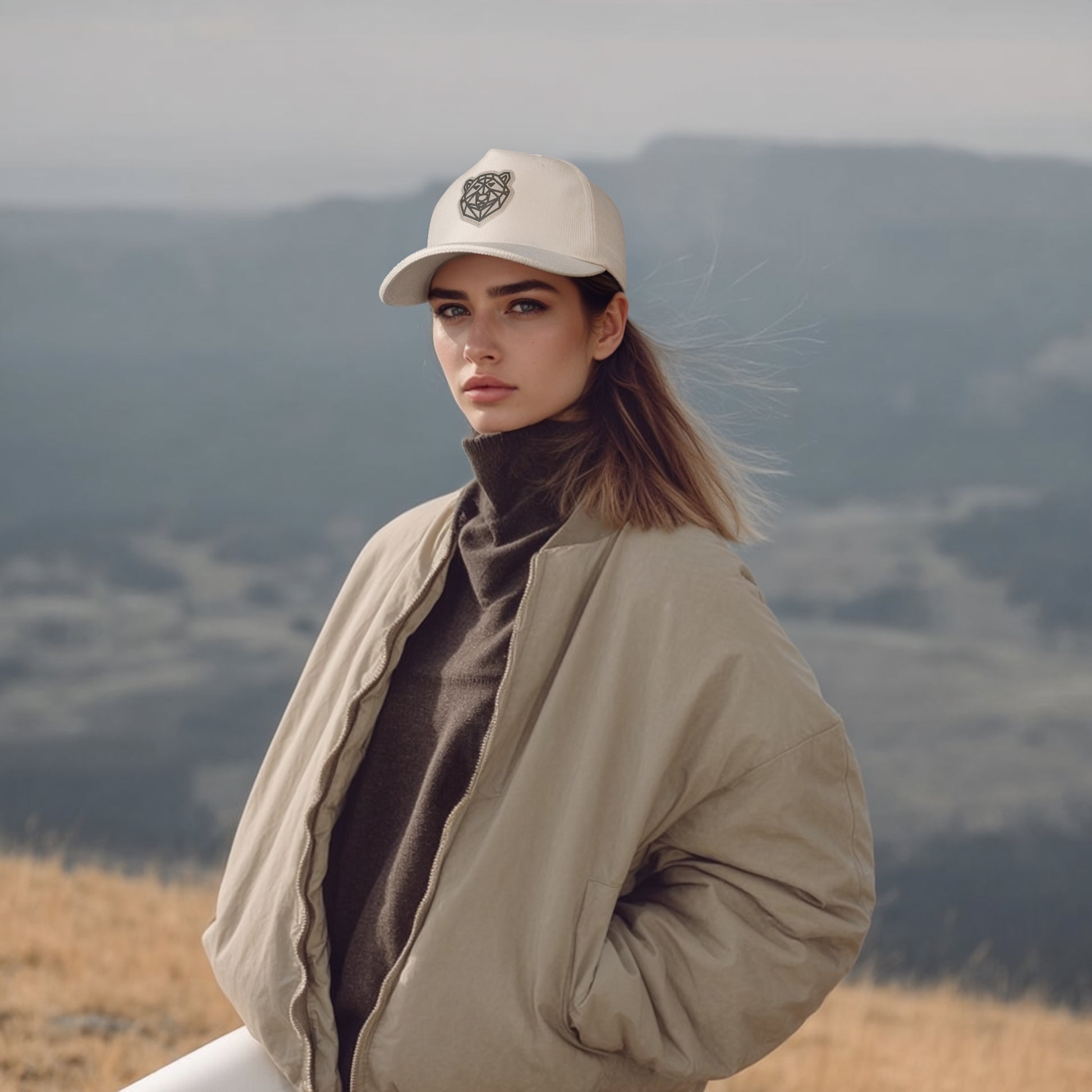 Woman wearing the Arctic Protector II Corduroy Cap by Tembo Collection and jacket standing in a field with mountains in the background