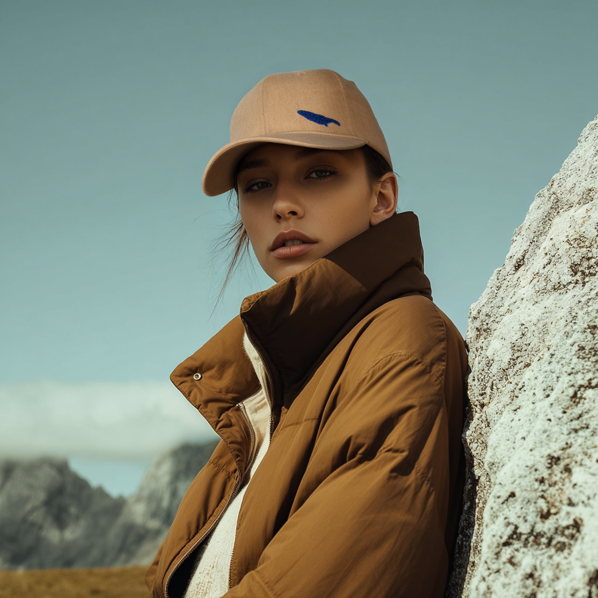 Person wearing a brown cap and coat leaning against a rock with mountains in the background