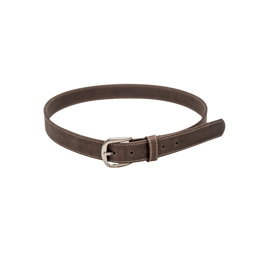 Brown leather belt with a silver buckle on a white background