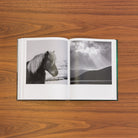 Open spread: black-and-white portrait of a pale-maned horse beside sunbeams breaking over a mountain and lake