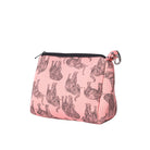 Pink pouch with black cat pattern on a white background