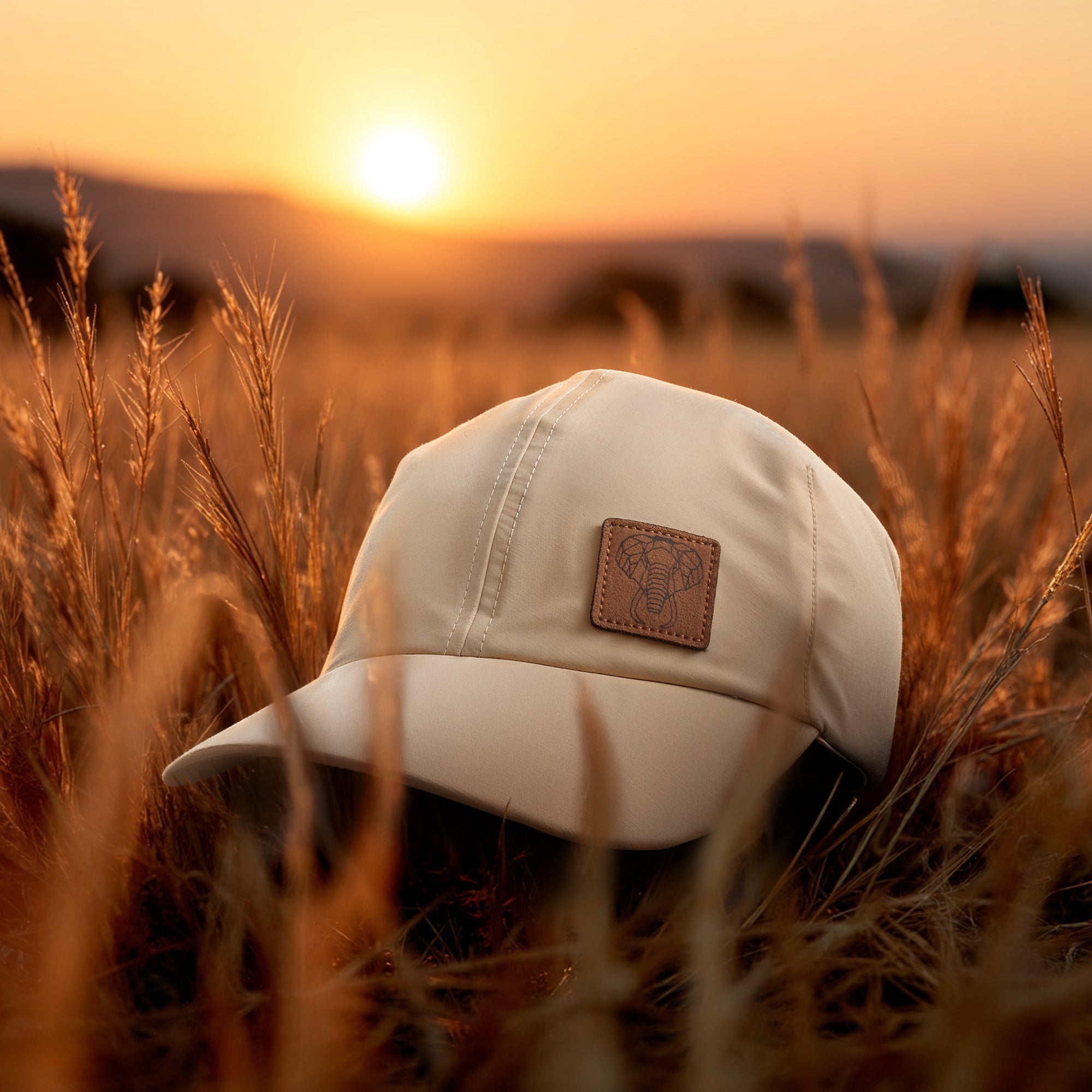 Beige cap with a leather patch in a field at sunset