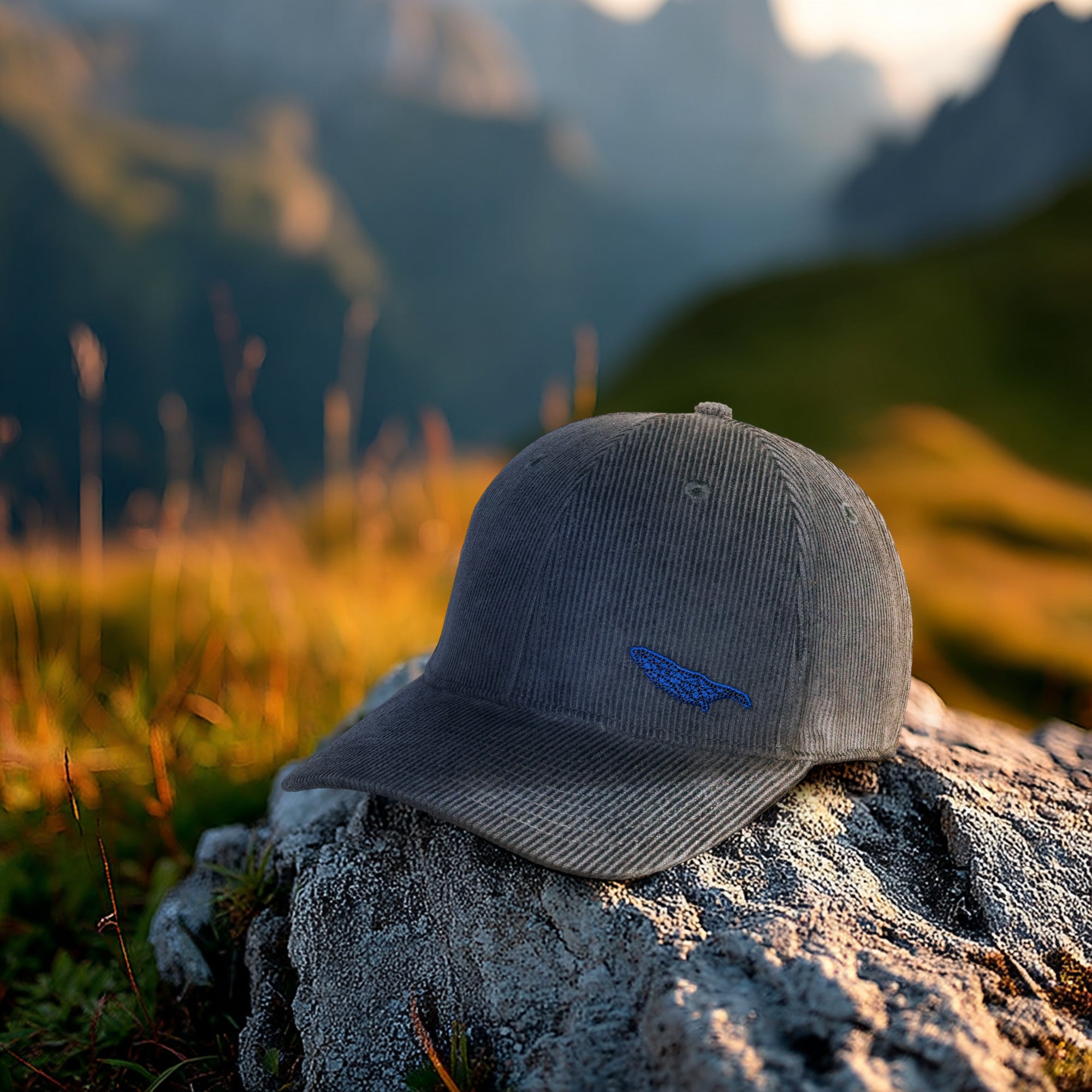Gray cap with a blue logo on a rock in a mountainous landscape
