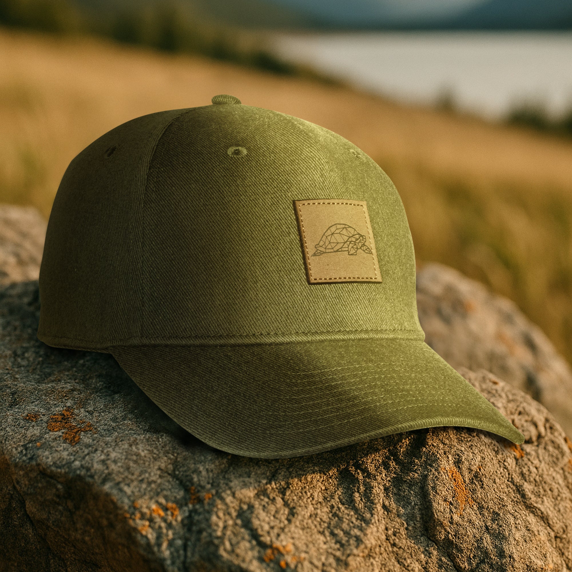 Green cap with a leather patch on a rock with a scenic background