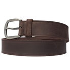 Brown leather belt with a silver buckle on a white background