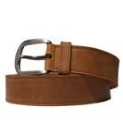 Brown leather belt with a silver buckle on a white background