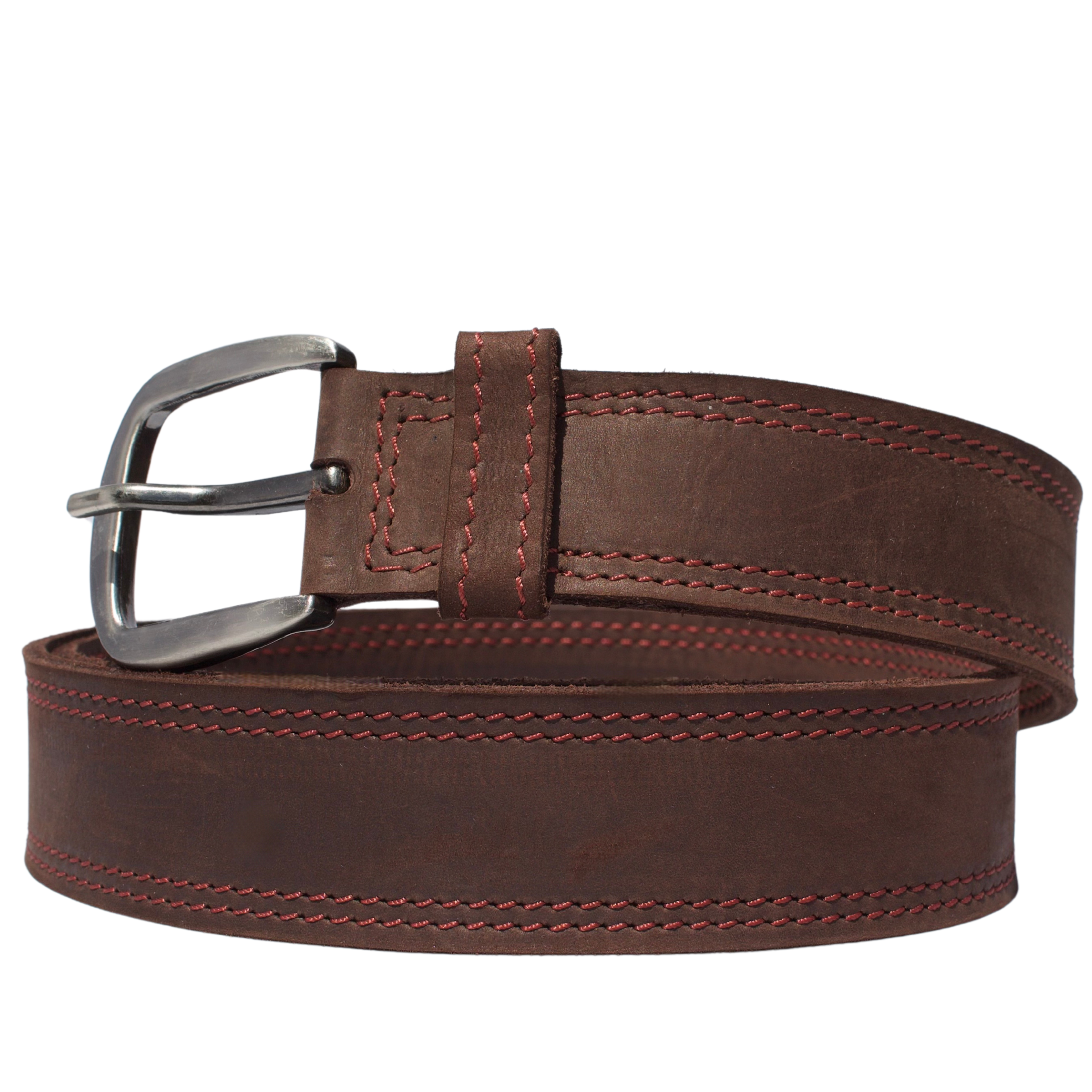 Brown leather belt with a silver buckle on a white background