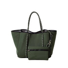 Green tote bag with black accents on a white background