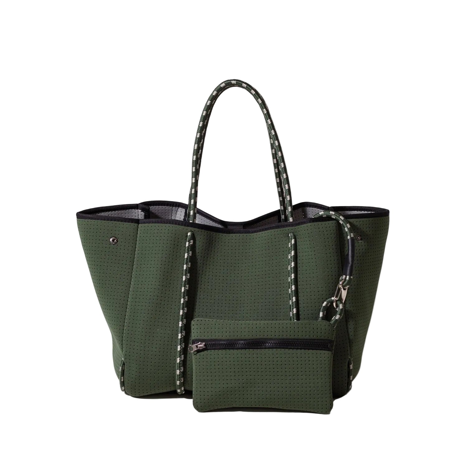 Green tote bag with black accents on a white background